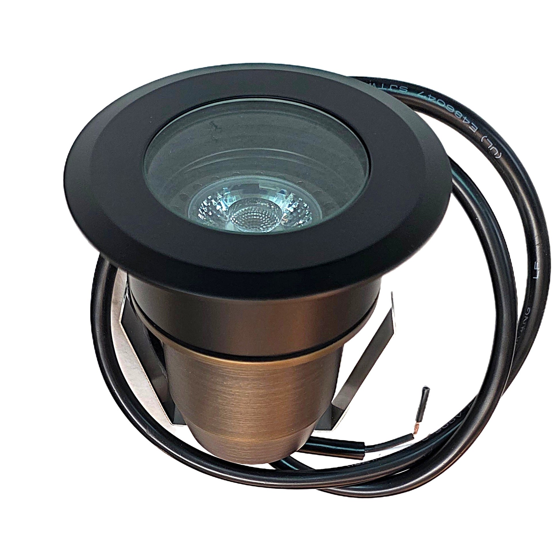 Palomer HD cast brass flat-cover in-ground well light with bronze finish and waterproof 4 ft lead wire.
