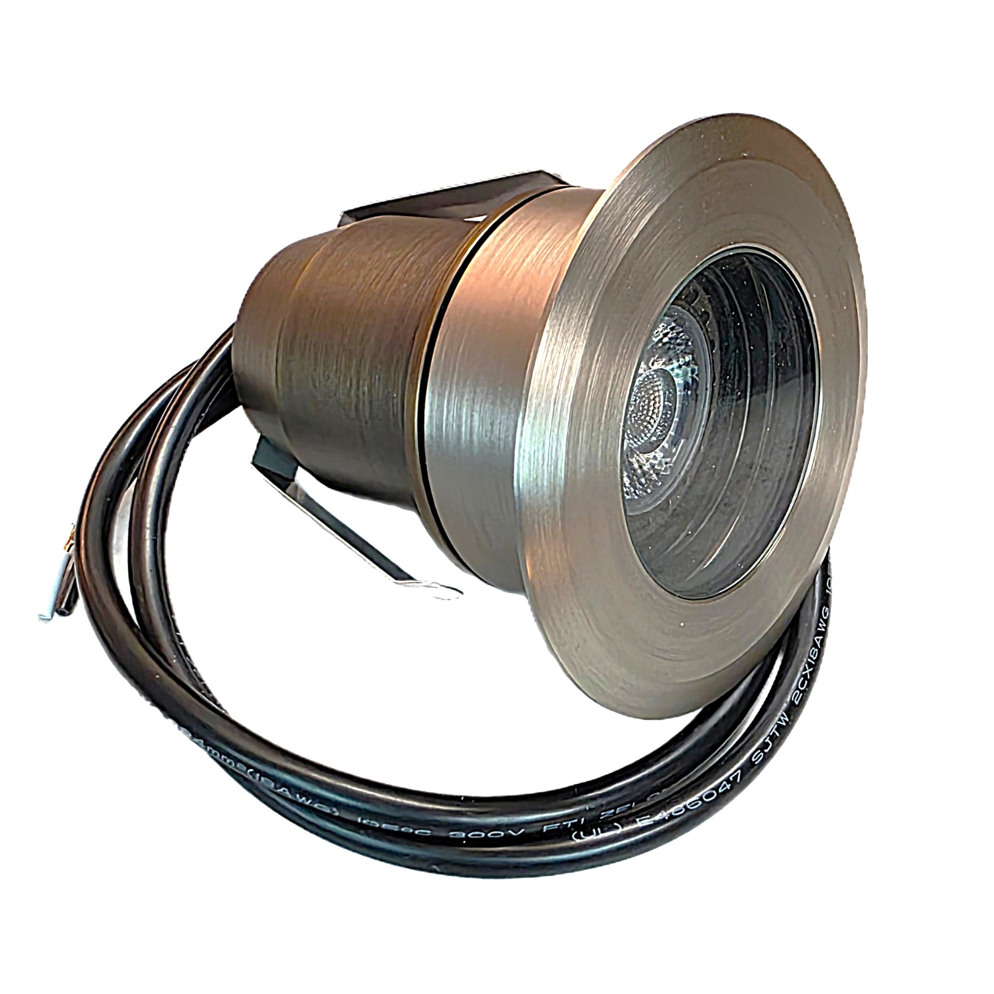 Palomer HD cast brass adjustable in-ground well light with flat bronze cover and black waterproof lead cable