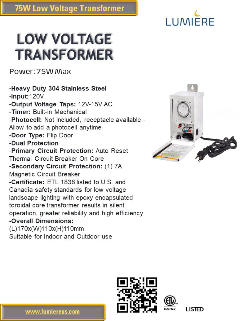 75W Low Voltage Transformer Stainless Steel, Multi-Tap With Timer