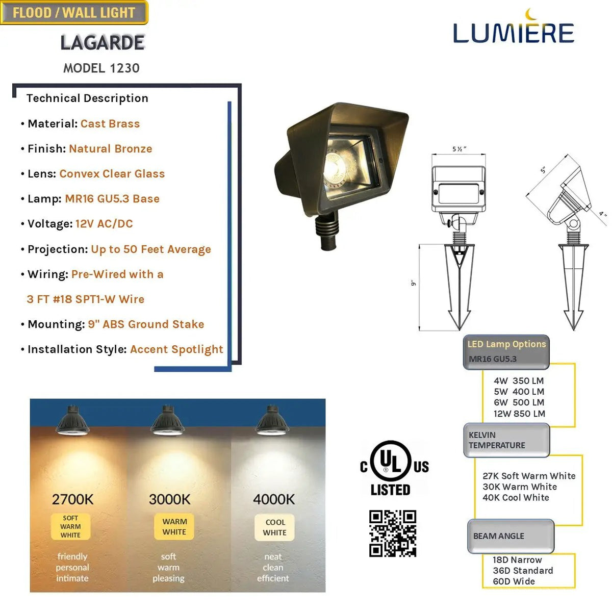 La Garde Solid Cast Brass Flood Light Natural Bronze 12V Outdoor Lighting by Lumiere Lighting