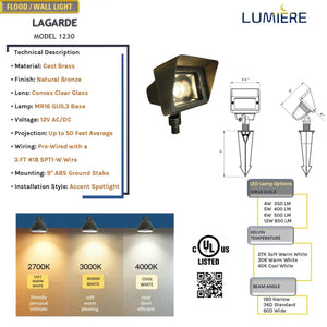 La Garde Solid Cast Brass Flood Light Natural Bronze 12V Outdoor Lighting by Lumiere Lighting