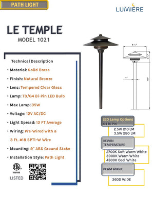 LeTemple Solid Cast Brass Natural Bronze Pathway Light