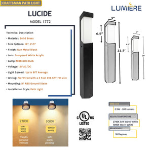 Lucide Solid Brass Craftsman Bollard Path Light