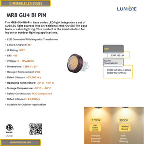 MR8 2.5W LED Bulb 36° Dimmable 12V AC/DC 100 Lumens - 20W Halogen Bulb Replacement