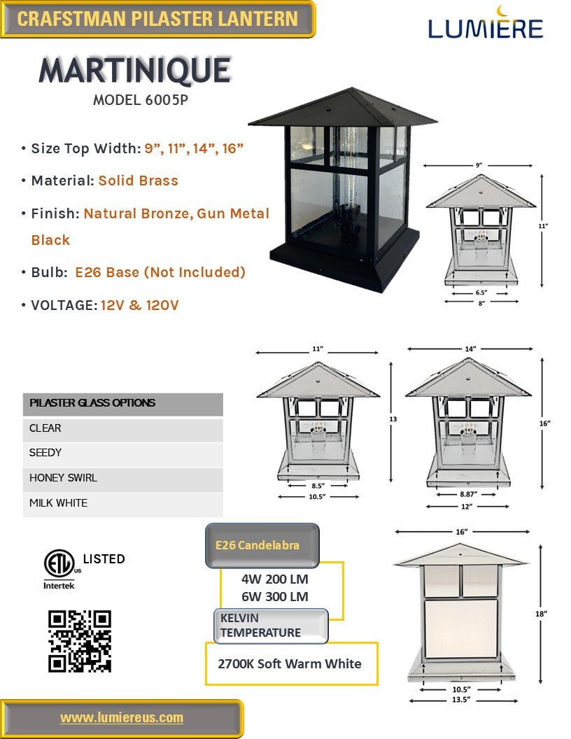 Martinique-Brique Solid Brass Craftsman Column Mount Pilaster Lantern