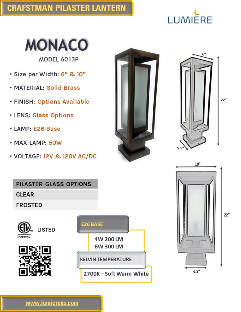 Monaco Solid Brass Craftsman Column Mount Pilaster Lantern Light