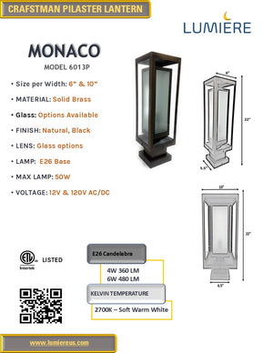 Monaco Solid Brass Craftsman Column Mount Pilaster Lantern Light