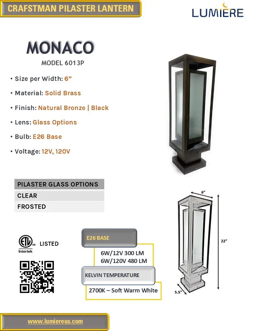 Monaco Solid Brass Craftsman Column Mount Pilaster Lantern Light