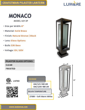 Monaco Solid Brass Craftsman Column Mount Pilaster Lantern Light