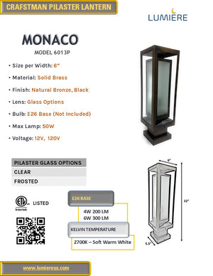 Monaco Solid Brass Craftsman Column Mount Pilaster Lantern Light