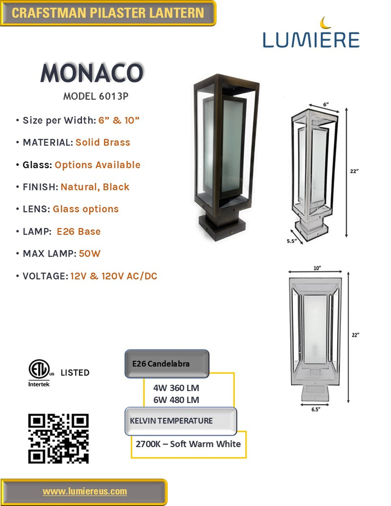 Monaco Solid Brass Craftsman Column Mount Pilaster Lantern Light