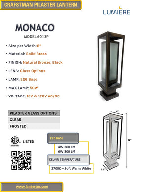Monaco Solid Brass Craftsman Column Mount Pilaster Lantern Light