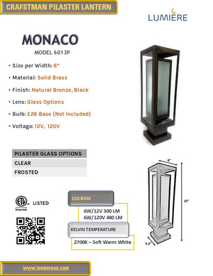 Monaco Solid Brass Craftsman Column Mount Pilaster Lantern Light