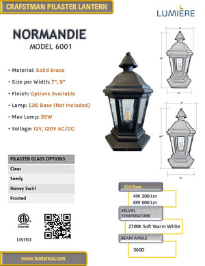 Normandie Solid Brass Craftsman Column Mount Pilaster Lantern Light