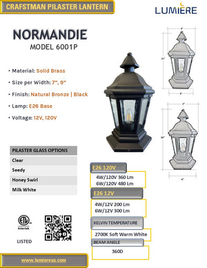 Normandie Solid Brass Craftsman Column Mount Pilaster Lantern Light