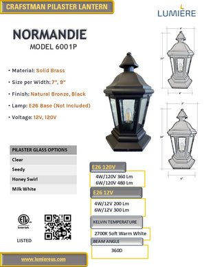 Normandie Solid Brass Craftsman Column Mount Pilaster Lantern Light