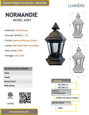 Normandie Solid Brass Craftsman Column Mount Pilaster Lantern Light