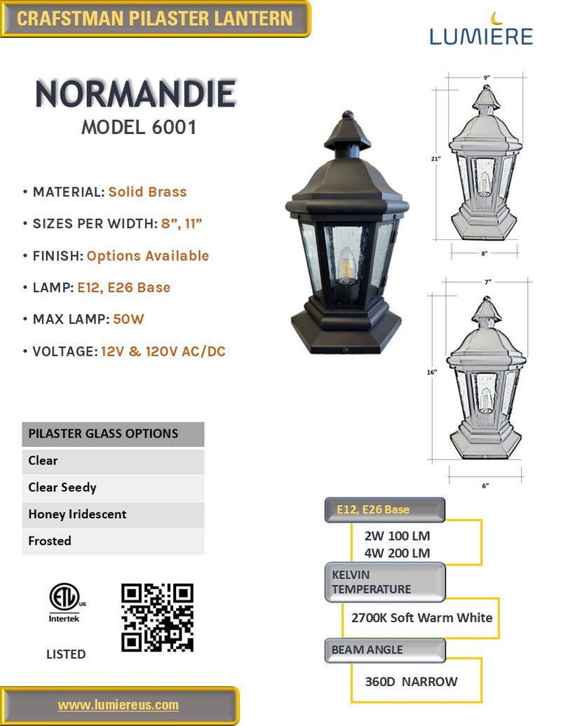 Normandie Solid Brass Craftsman Column Mount Pilaster Lantern Light