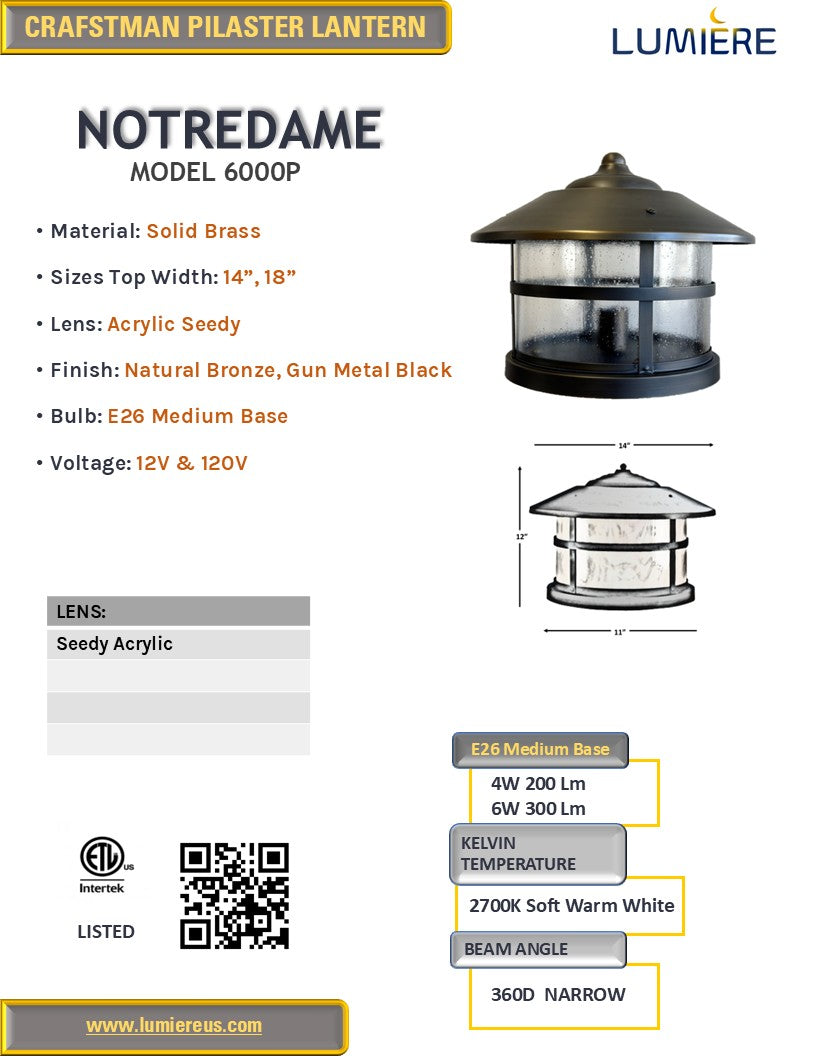 Notre Dame Solid Brass Craftsman Column Pilaster Lantern Light