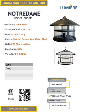Notre Dame Solid Brass Craftsman Column Pilaster Lantern Light