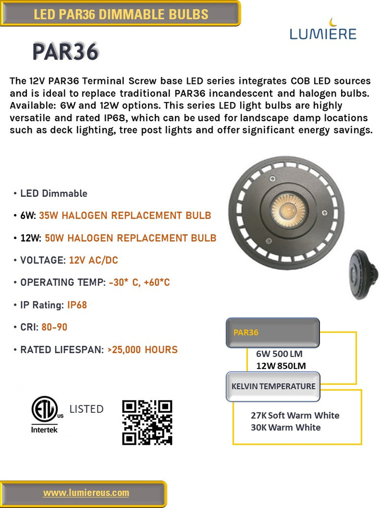 PAR 36 LED Bulb 12W 850 Lumens 2700K - 3000K Warm White Dimmable