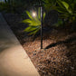 Pendule solid cast brass black lantern path light with warm LED glow along mulch bed.
