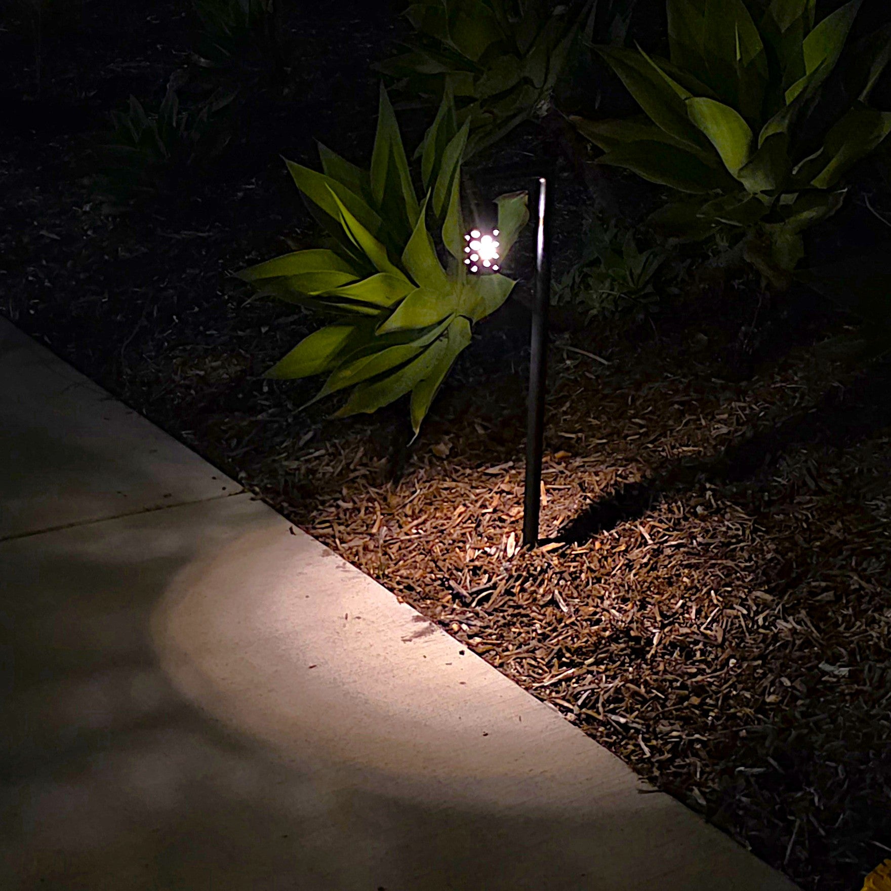 Outdoor black lantern path light on a stake, LED-illuminated along mulch and walkway.