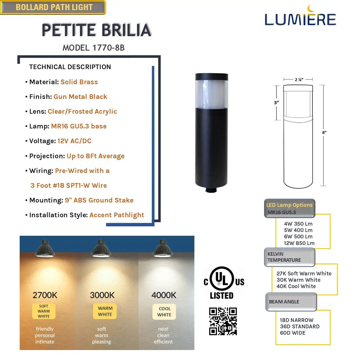 Petite Brilia Cast Brass Bollard Path Light 12V