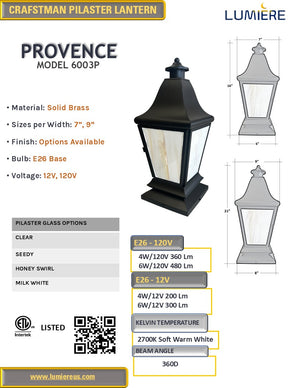 Provence Solid Brass Craftsman Column Pilaster Lantern Light