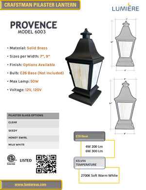 Provence Solid Brass Craftsman Column Pilaster Lantern Light
