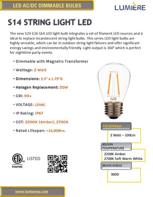 2W-E26 Medium Base String Light LED Bulb Replacement 12V Low Voltage Dimmable