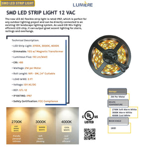 LED 16' Strip Light SMD IP67 For Outdoor Landscape Lighting 12VAC