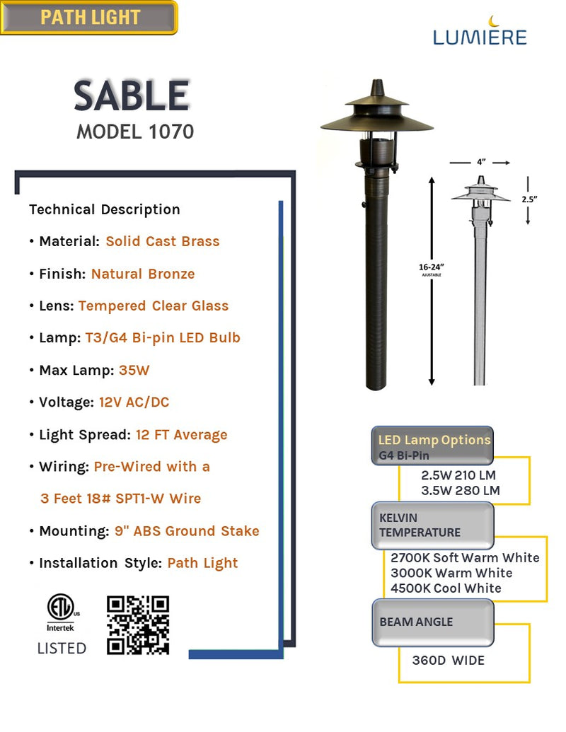 Sable Solid Cast Brass Adjustable Pathway Light Natural Bronze