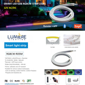 Smart LED COB RGBCW strip light with Lumiere Lighting branding and product details.