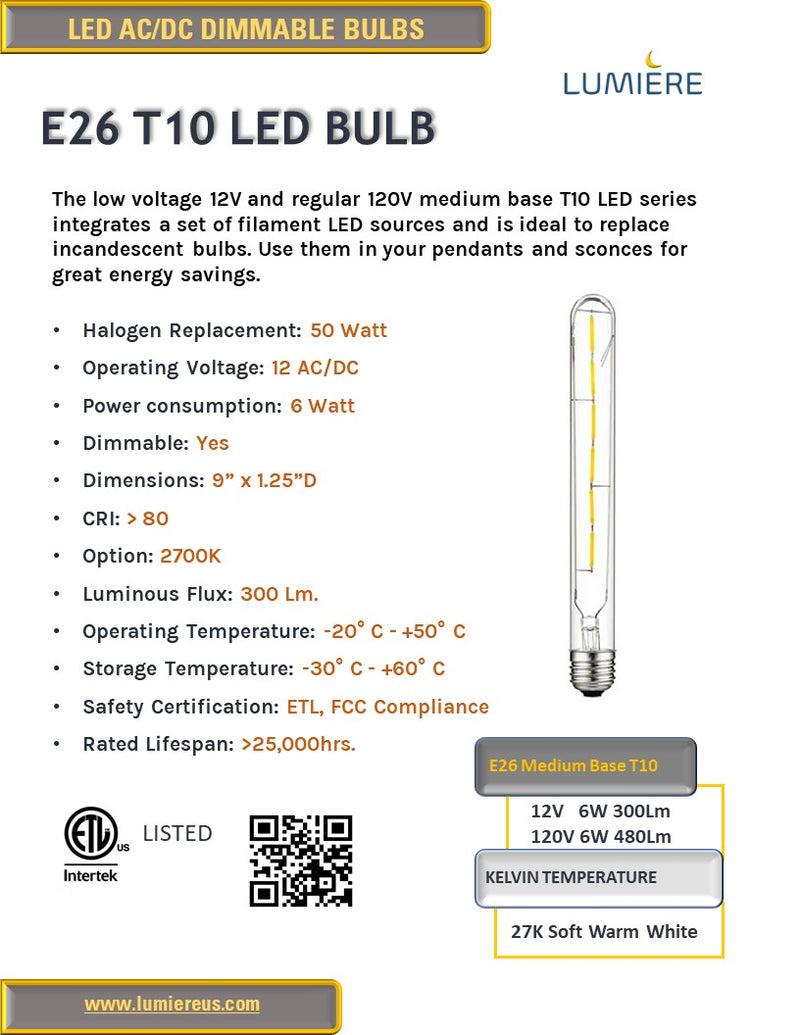 T10 12V Low Voltage E26 Medium Base LED Bulb Dimmable 2700K Soft Warm White