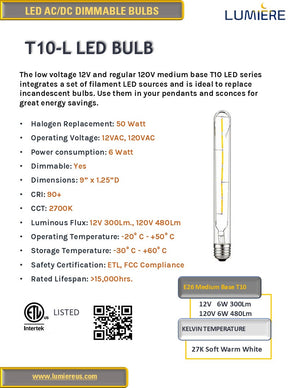 T10 12V Low Voltage E26 Medium Base LED Bulb Dimmable 2700K Soft Warm White