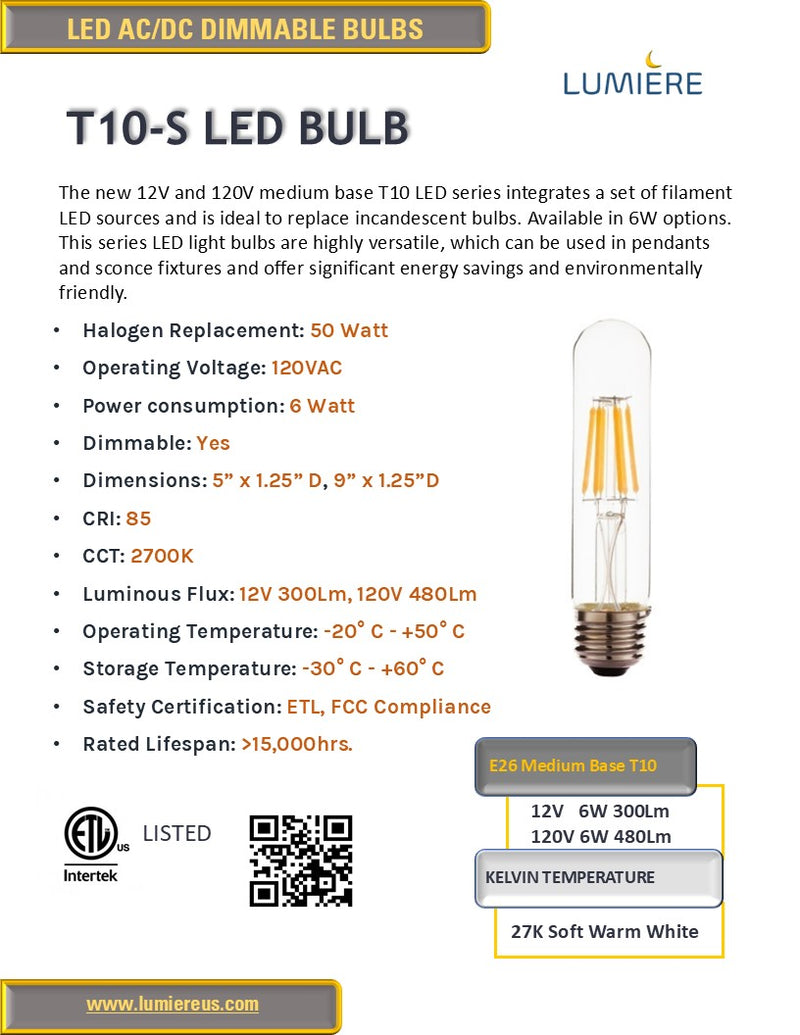 T10 120V Low Voltage E26 Medium Base LED Bulb Dimmable 2700K Soft Warm White