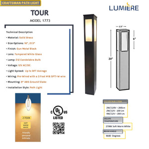 Tour Solid Brass Craftsman Bollard Pathway Light