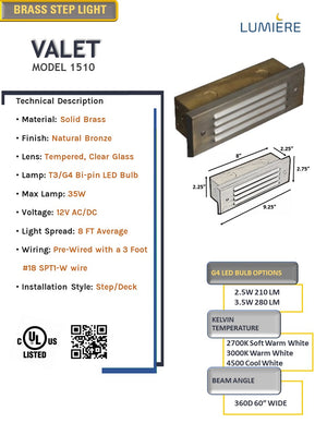 Valet Solid Brass Step & Deck Light Natural Bronze