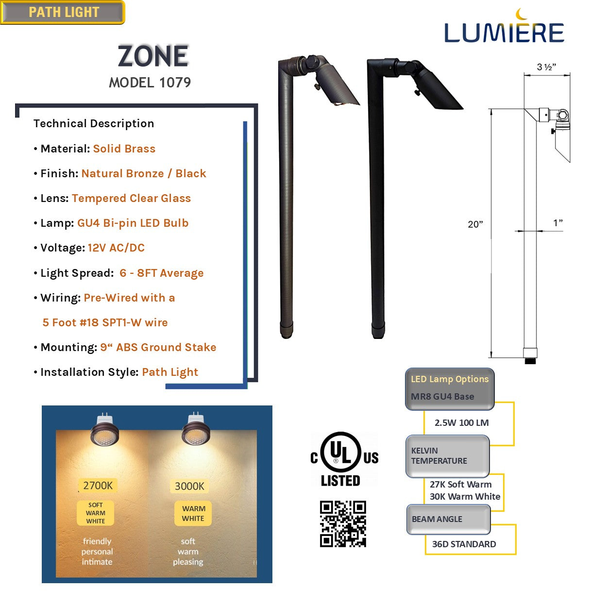 Zone Solid Brass Directional Path Light by Lumiere Lighting