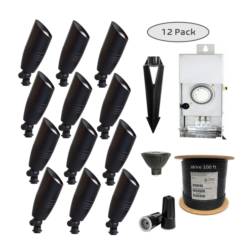 12 Pack Low Voltage Noir Panora Solid Cast Brass Black Finish Spot Lighting System