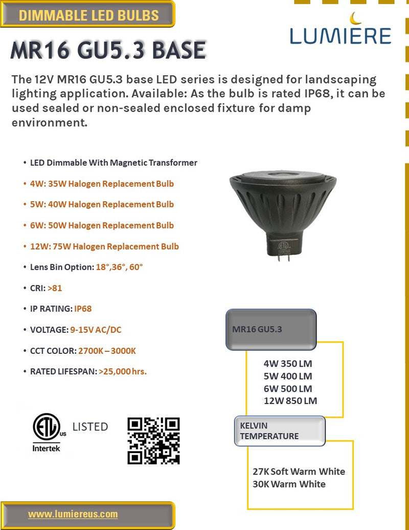MR16 4W LED 2700K | 3000K 12V AC/DC 350 Lumens - 35W