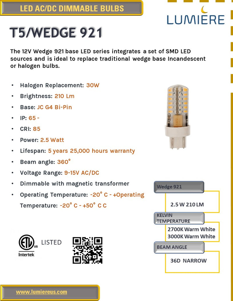 T5 Wedge LED Bulb Warm White 921 / 2.5W 12V 30W